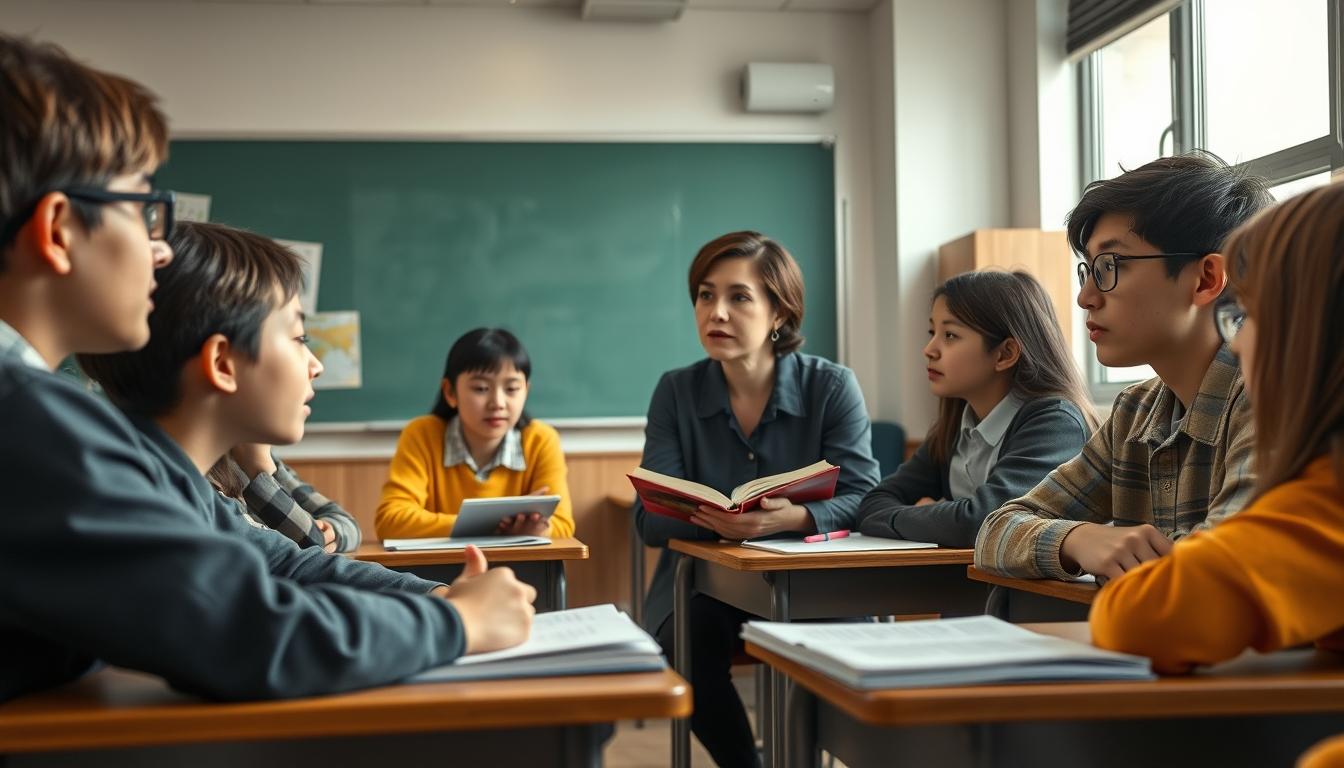 Students studying together in modern classroom